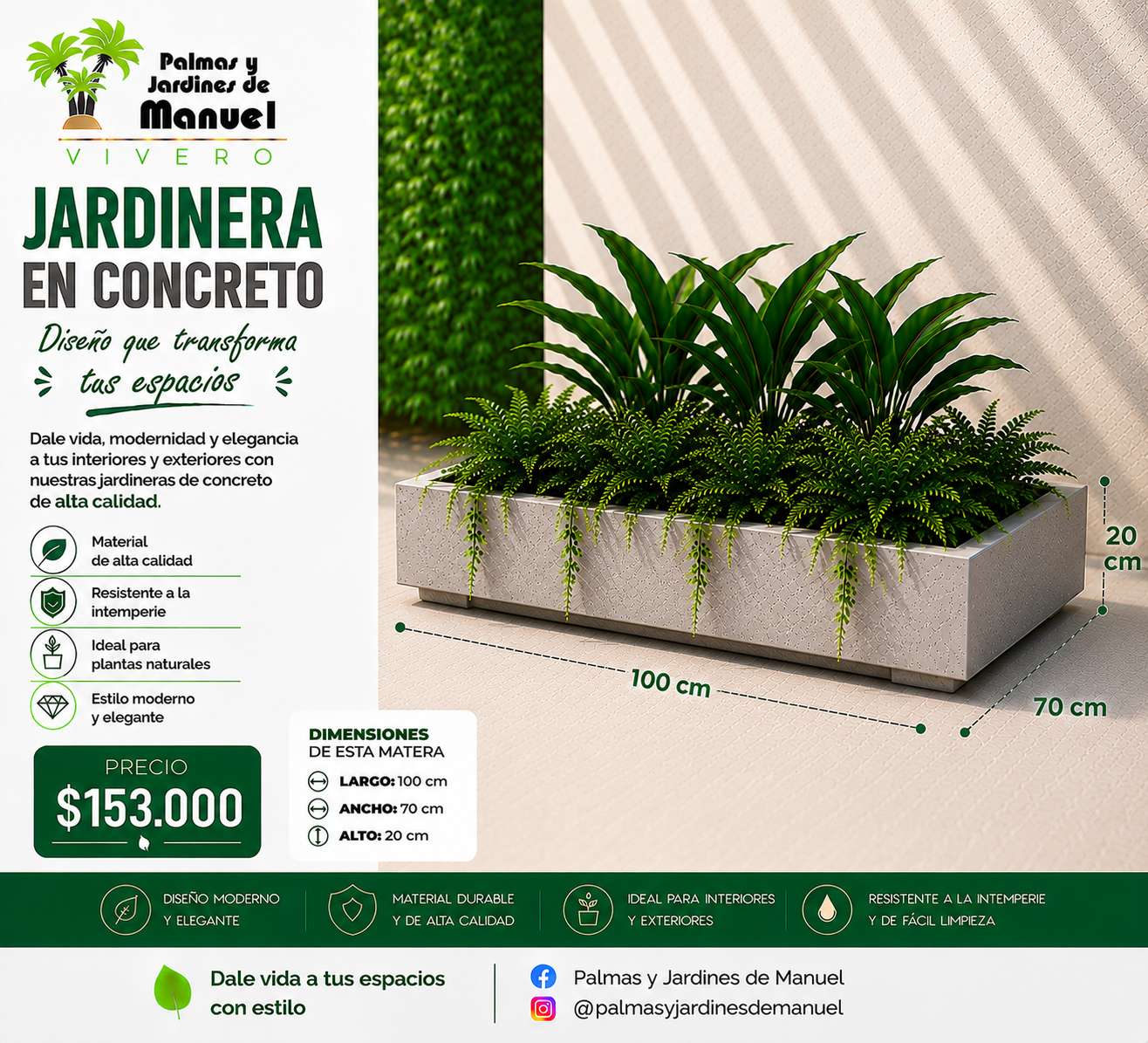 Jardinera en Concreto 100x70x20 cm