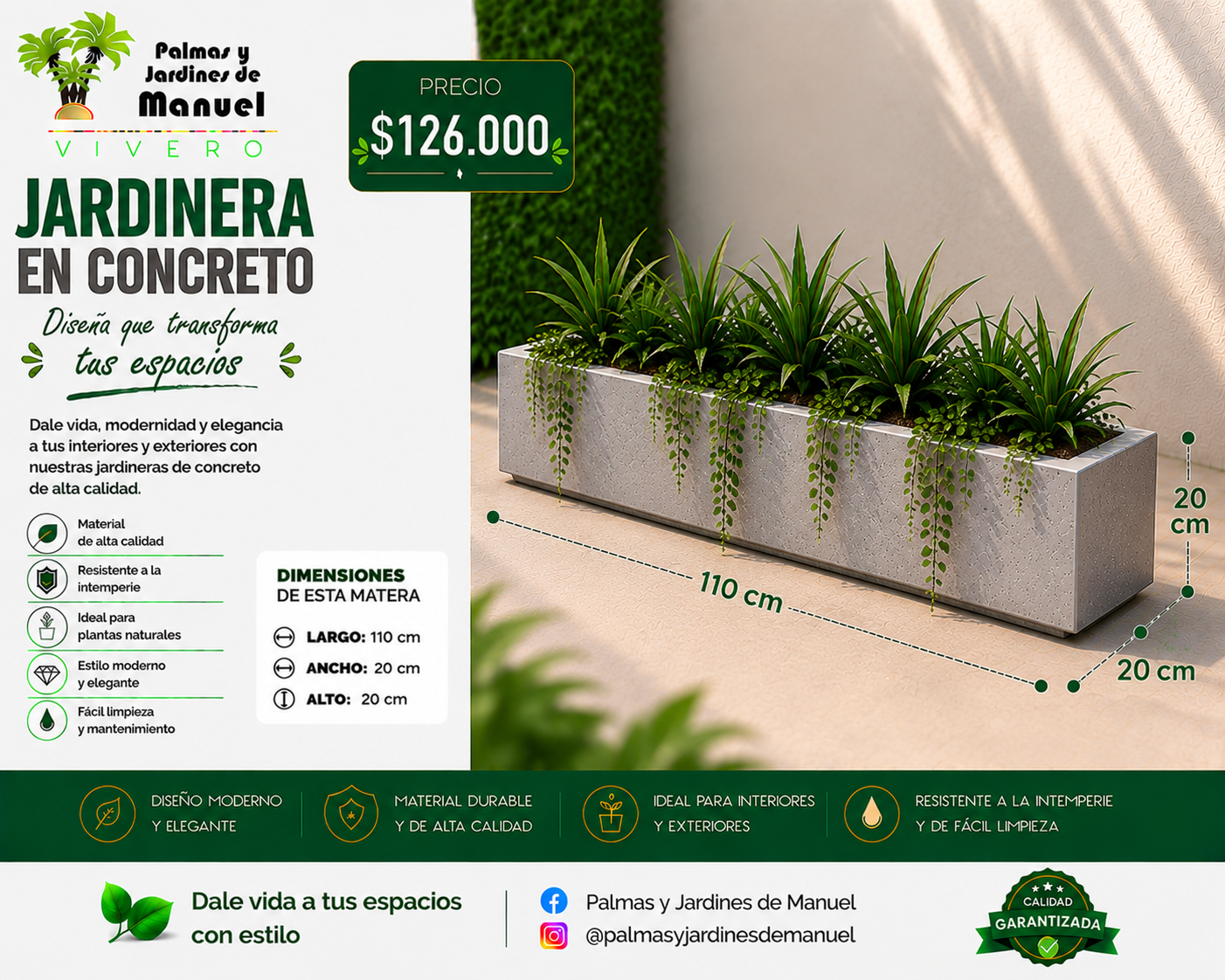 Jardinera en Concreto 110x20x20 cm