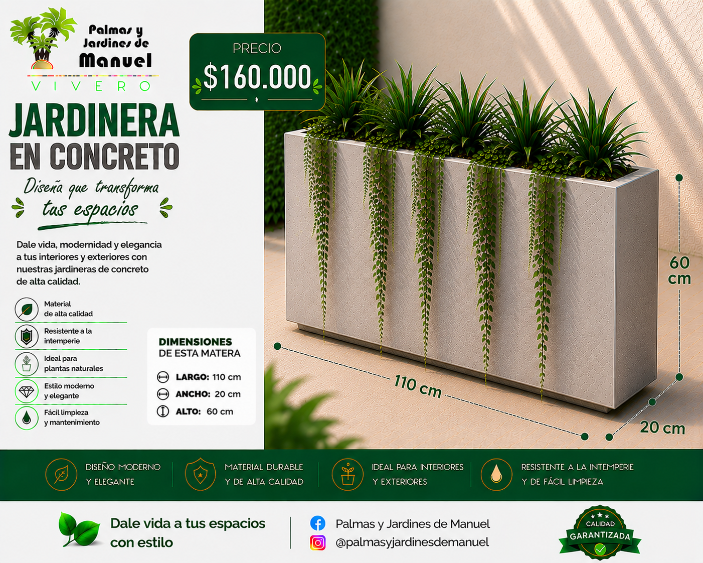 Jardinera en Concreto 110x20x60 cm