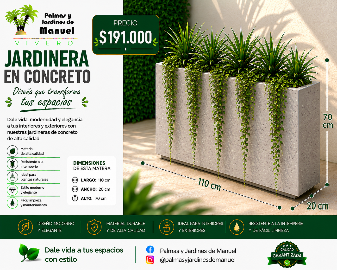 Jardinera en Concreto 110x20x70 cm