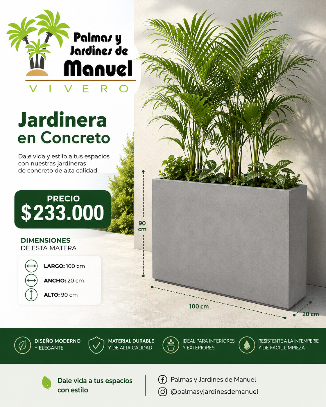 Jardinera en Concreto 100x20x90 cm