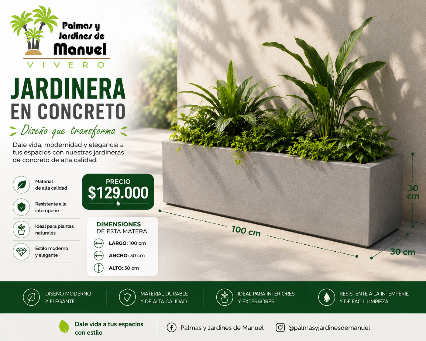 Jardinera en Concreto 100x30x30 cm
