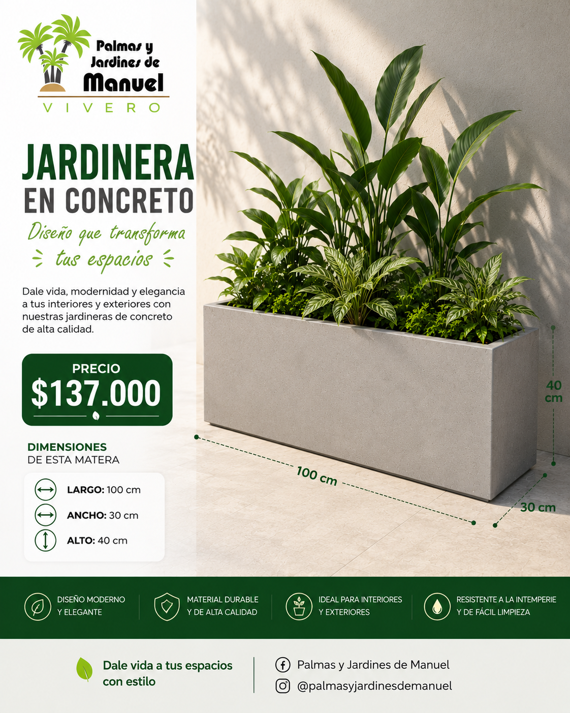 Jardinera en Concreto 100x30x40 cm