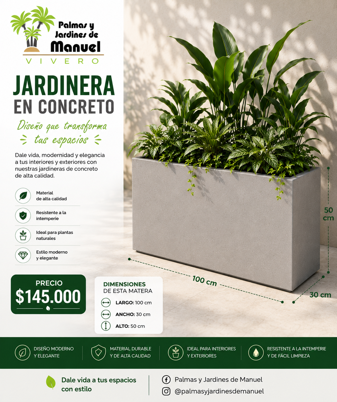 Jardinera en Concreto 100x30x50 cm