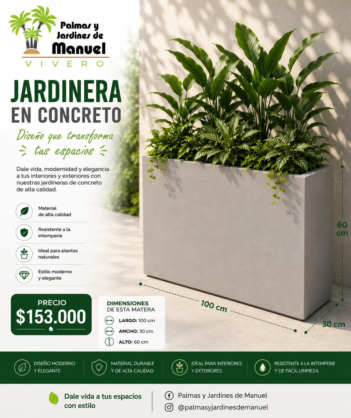 Jardinera en Concreto 100x30x60 cm