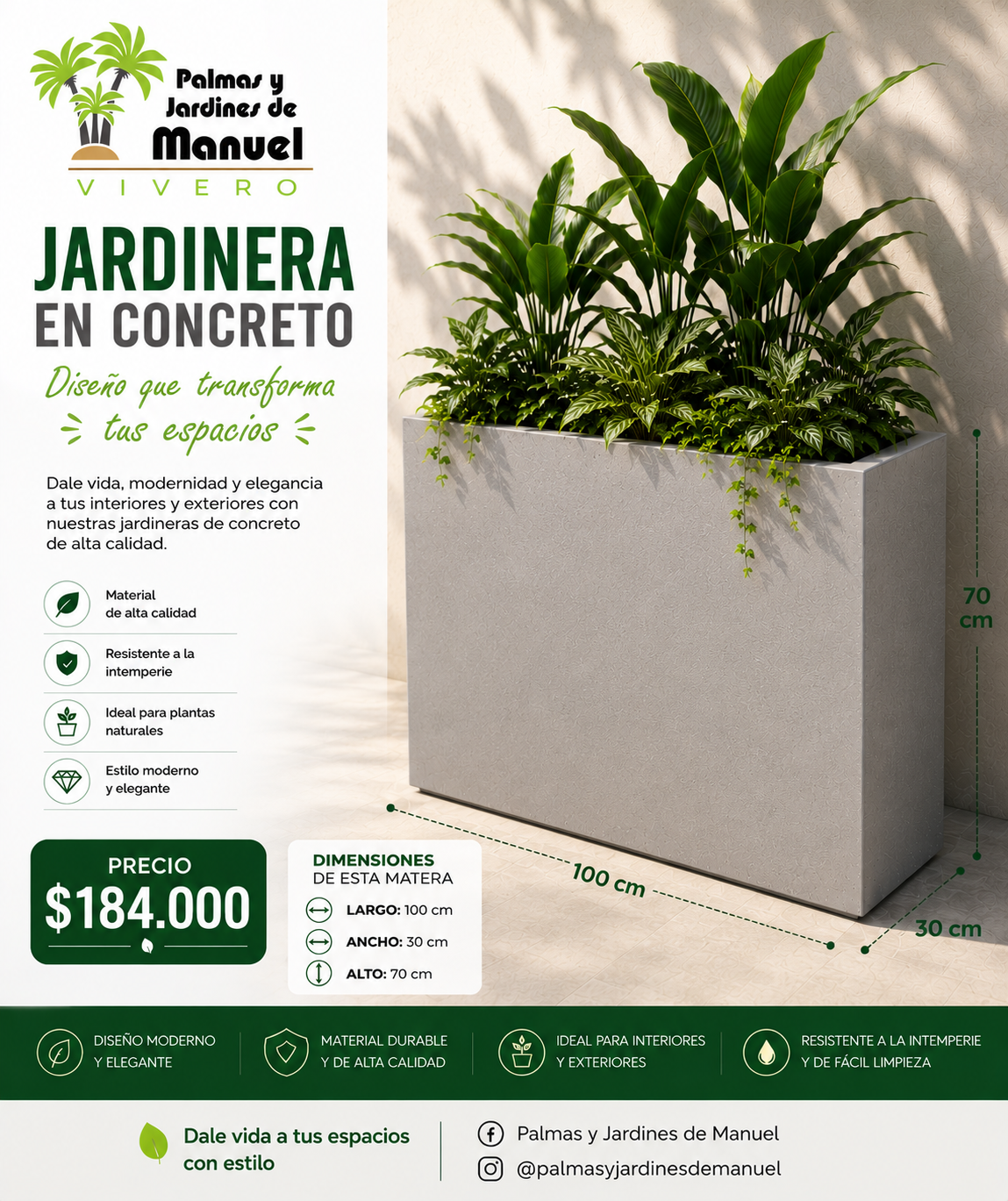 Jardinera en Concreto 100x30x70 cm