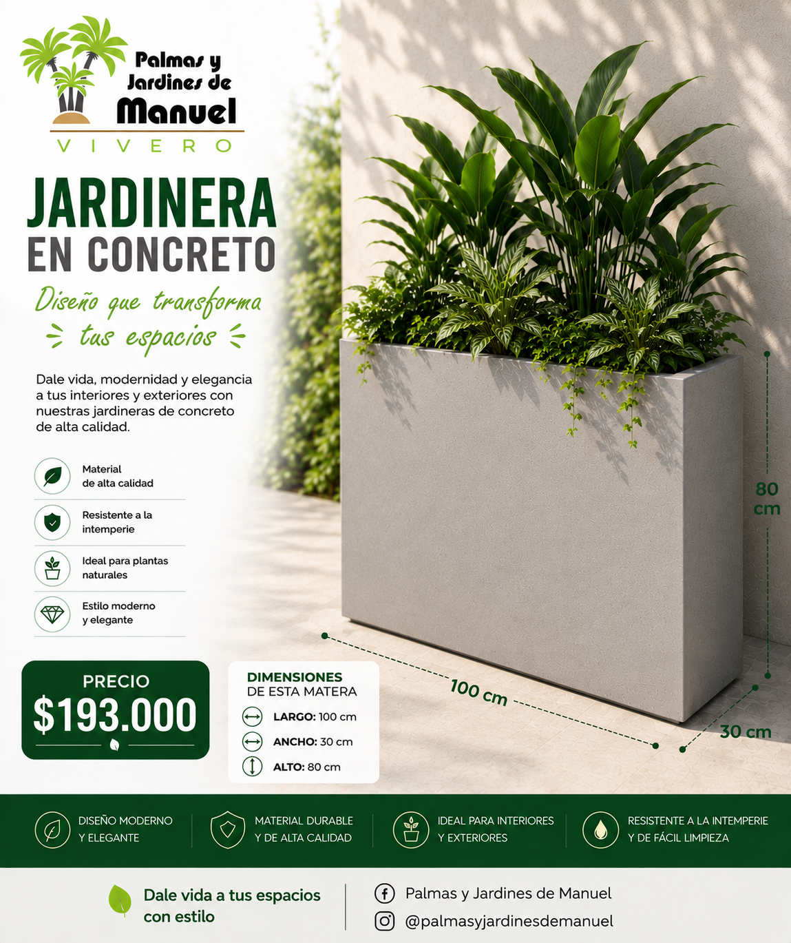 Jardinera en Concreto 100x30x80 cm