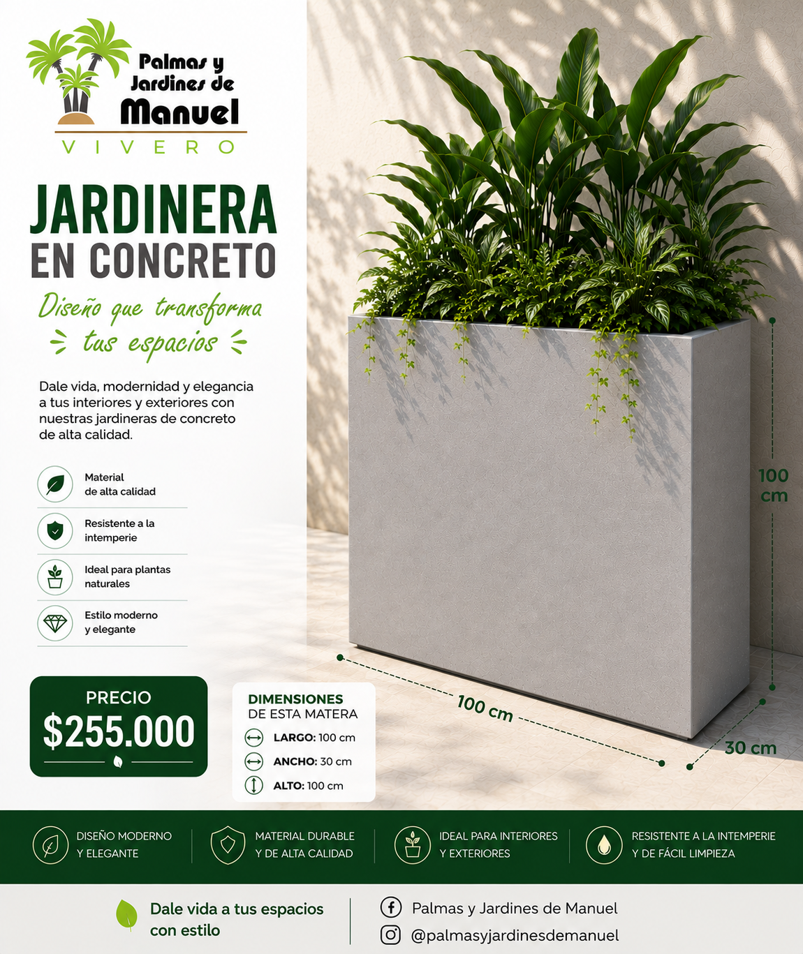 Jardinera en Concreto 100x30x100 cm