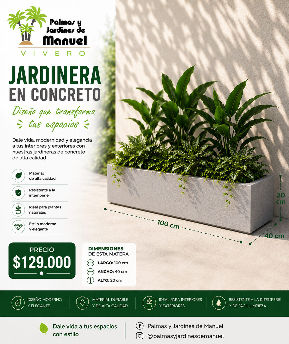 Jardinera en Concreto 100x40x20 cm
