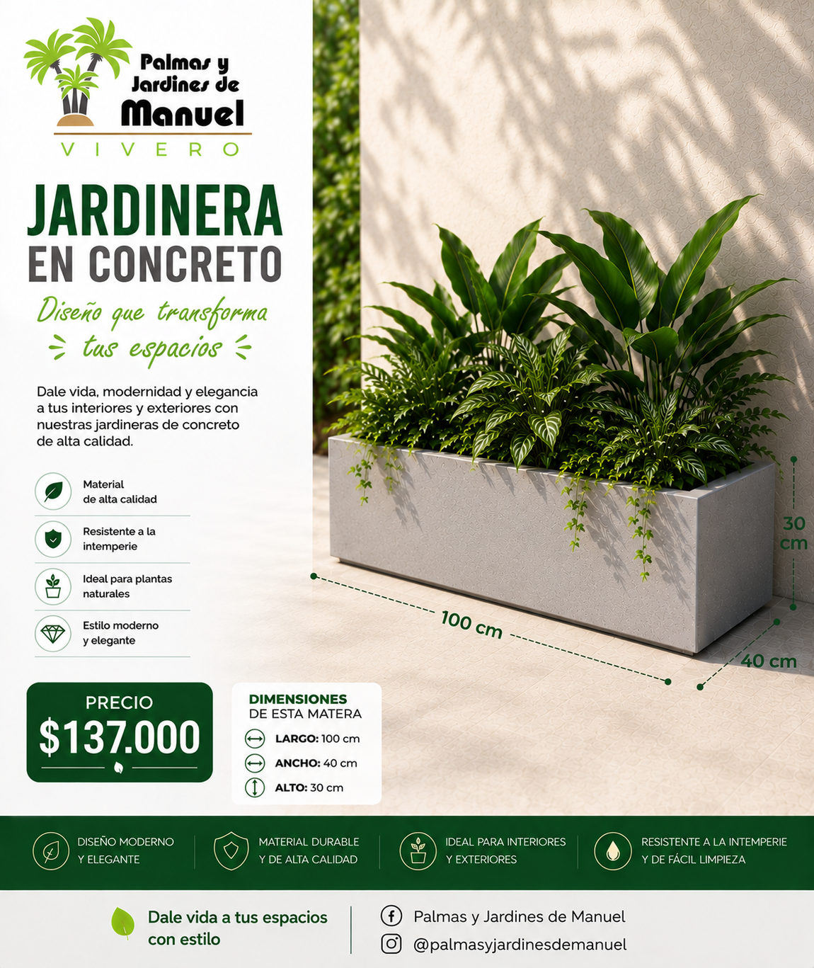 Jardinera en Concreto 100x40x30 cm