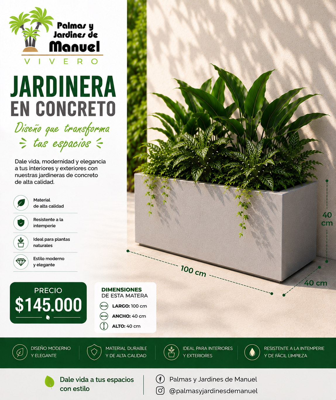 Jardinera en Concreto 100x40x40 cm