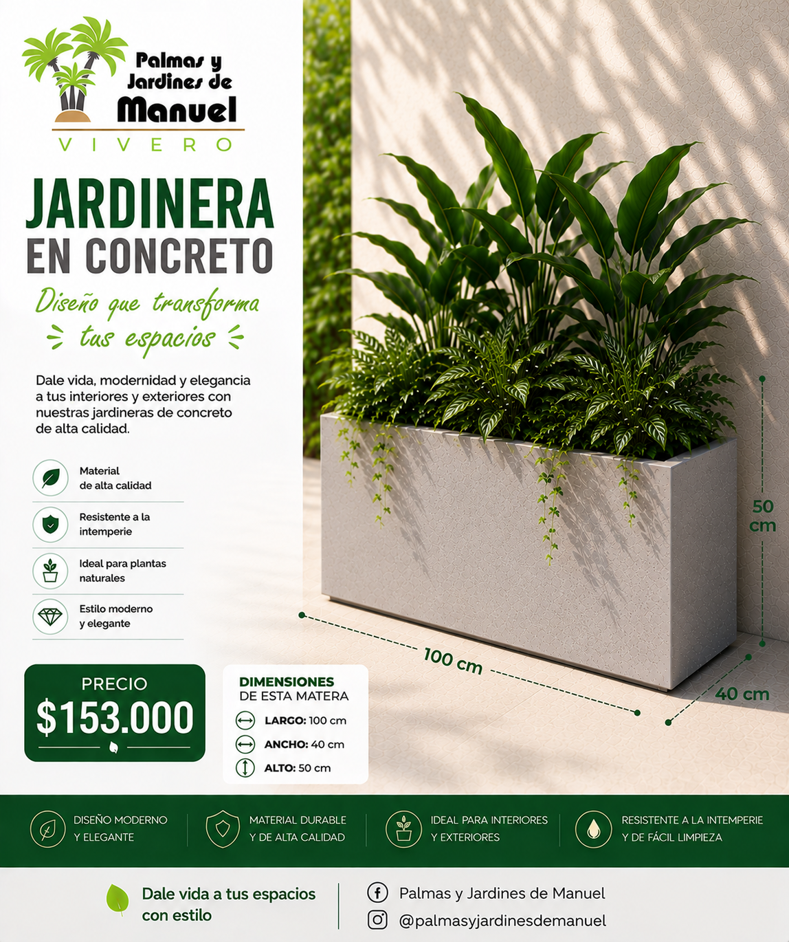 Jardinera en Concreto 100x40x50 cm