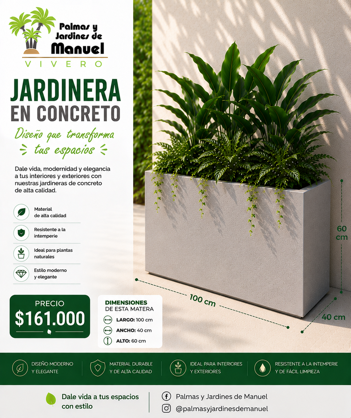 Jardinera en Concreto 100x40x60 cm
