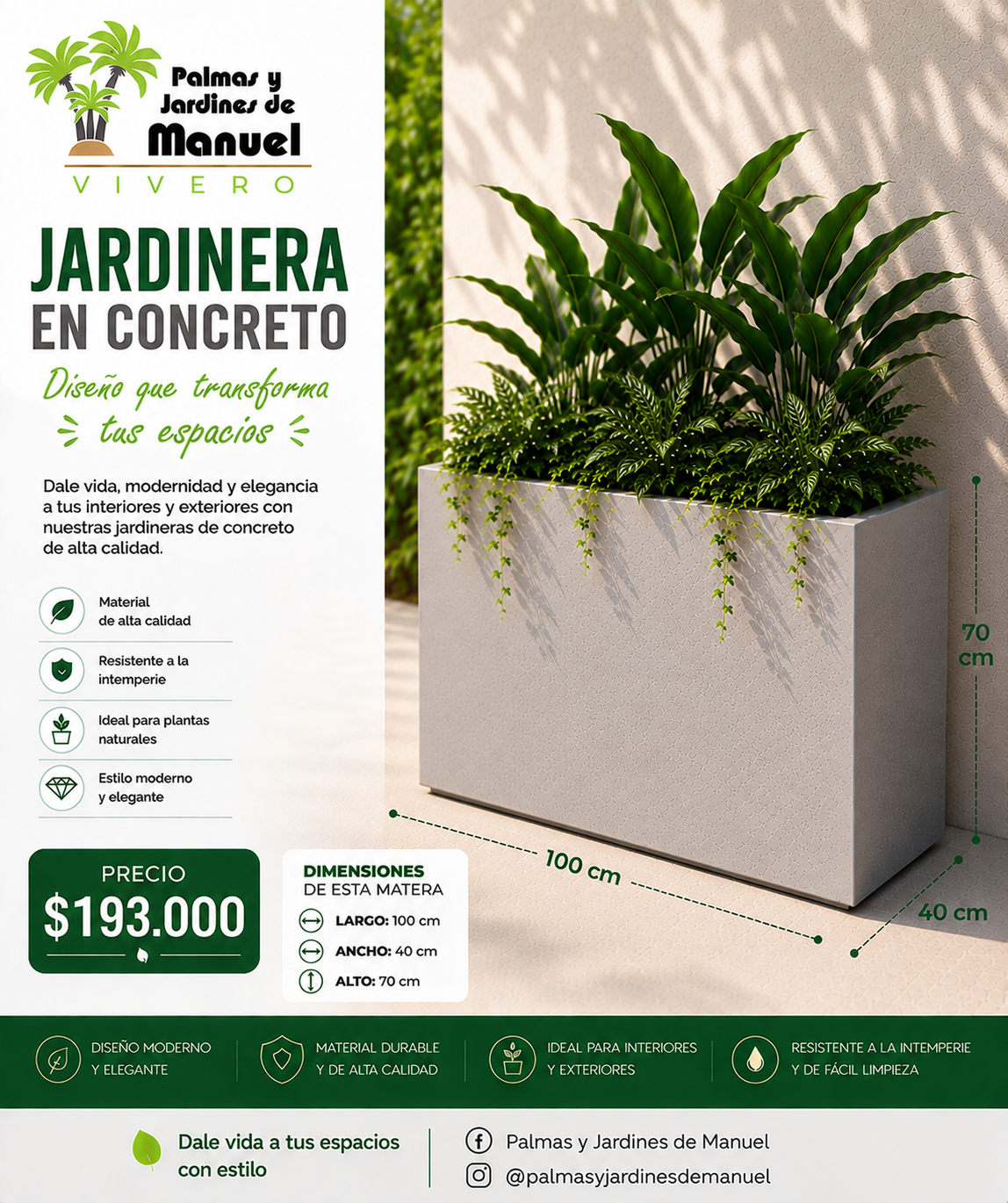Jardinera en Concreto 100x40x70 cm