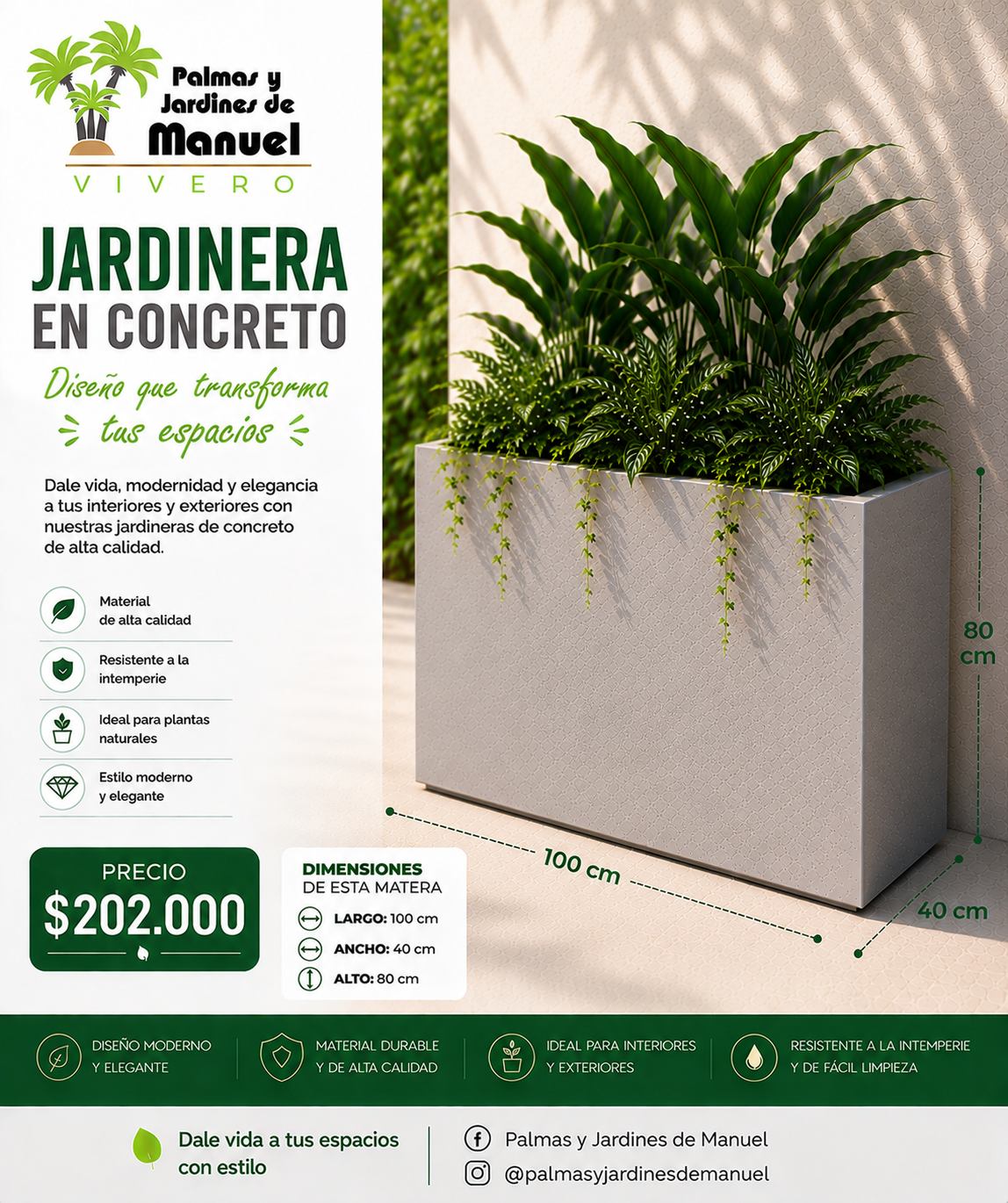 Jardinera en Concreto 100x40x80 cm
