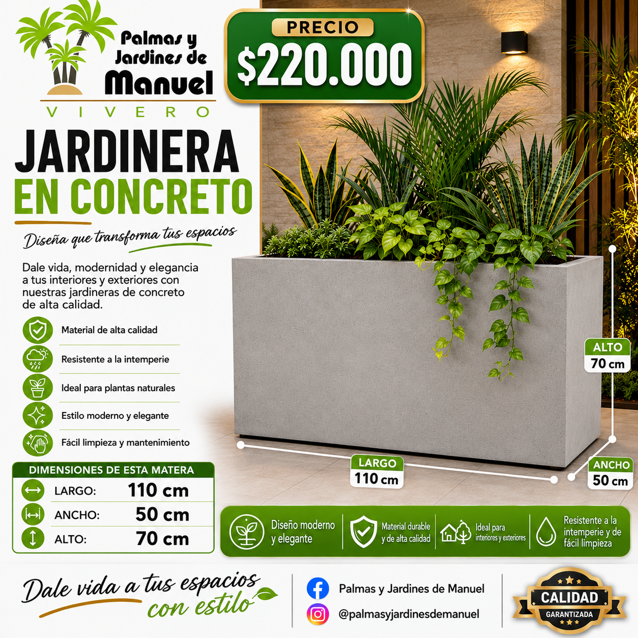 Jardinera en Concreto 110x50x70 cm