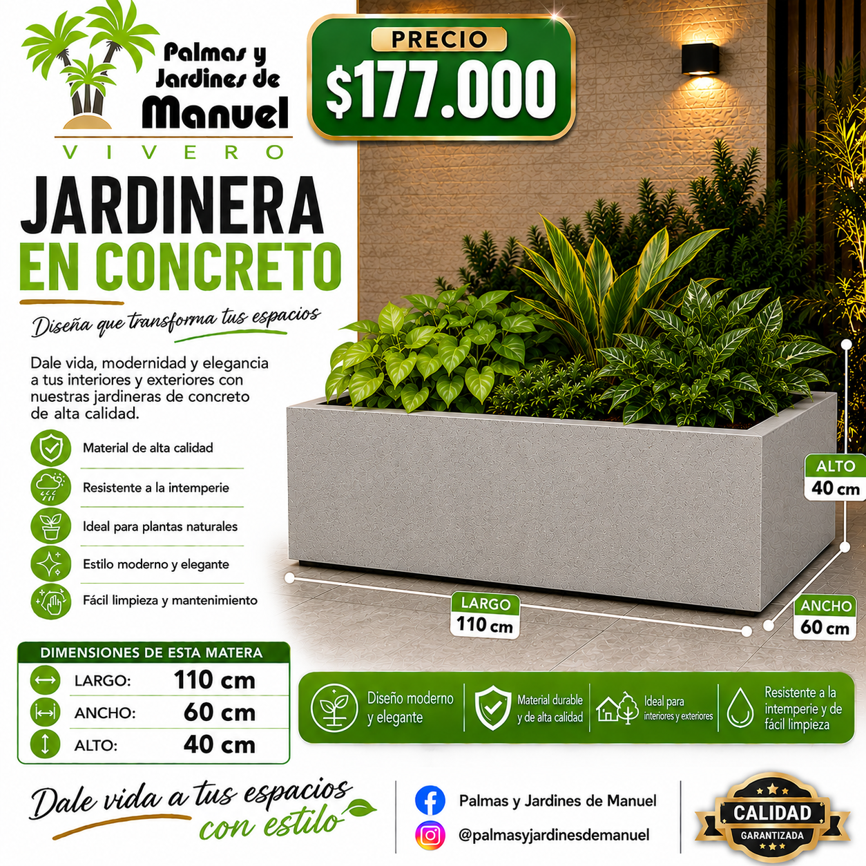 Jardinera en Concreto 110x60x40 cm