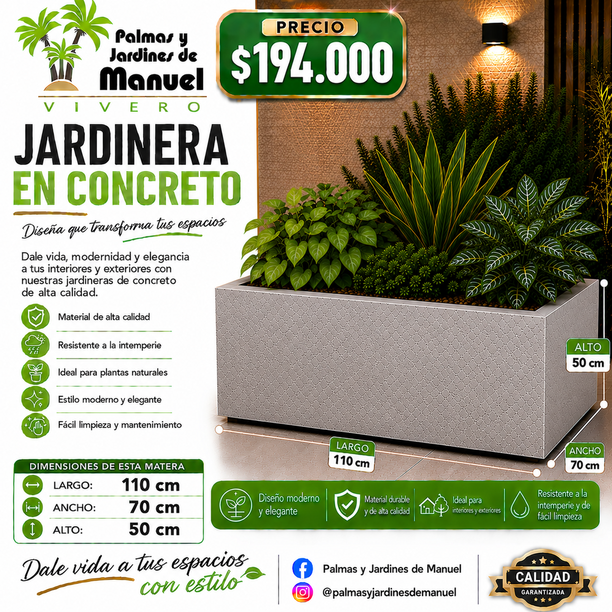 Jardinera en Concreto 110x70x50 cm