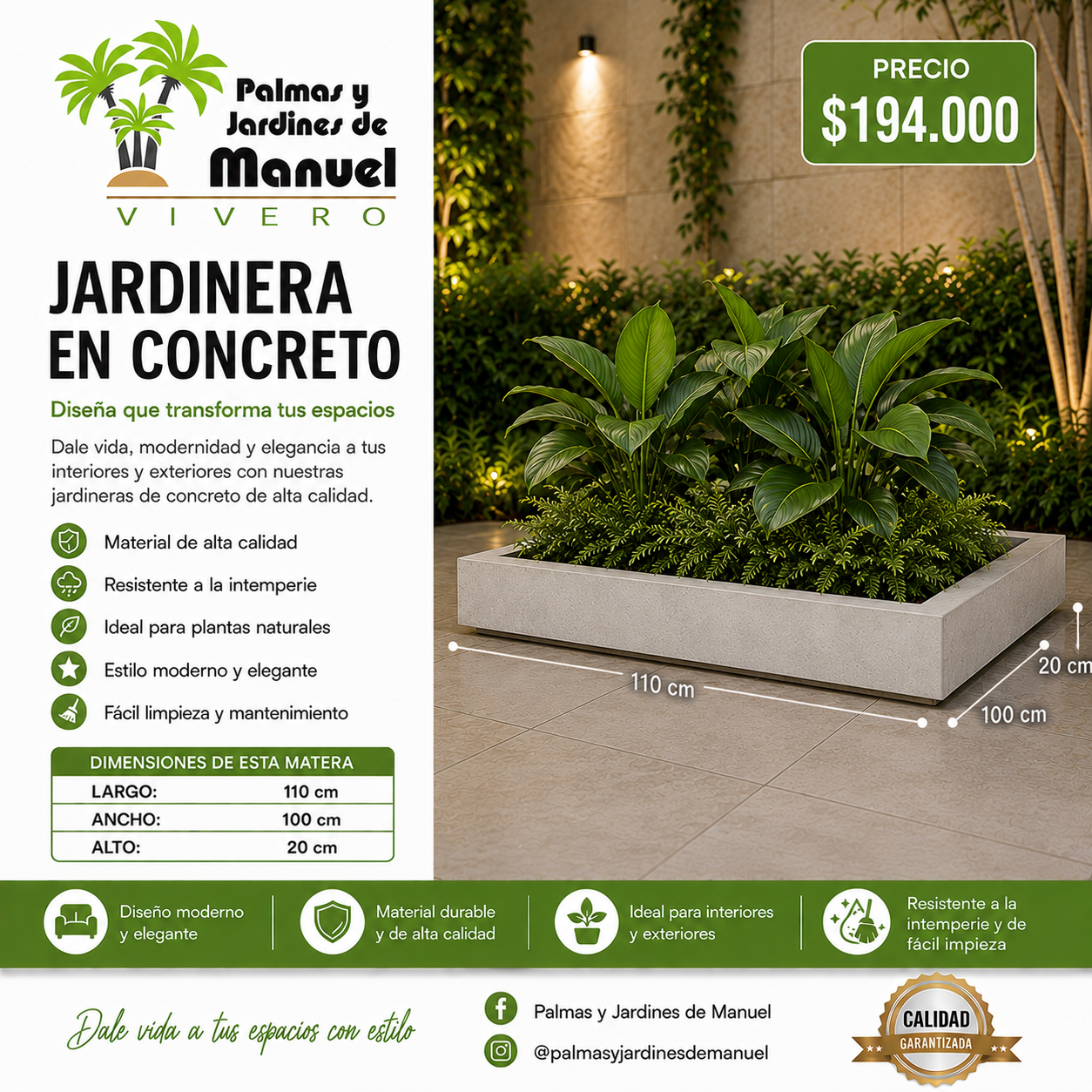 Jardinera en Concreto 110x100x20 cm