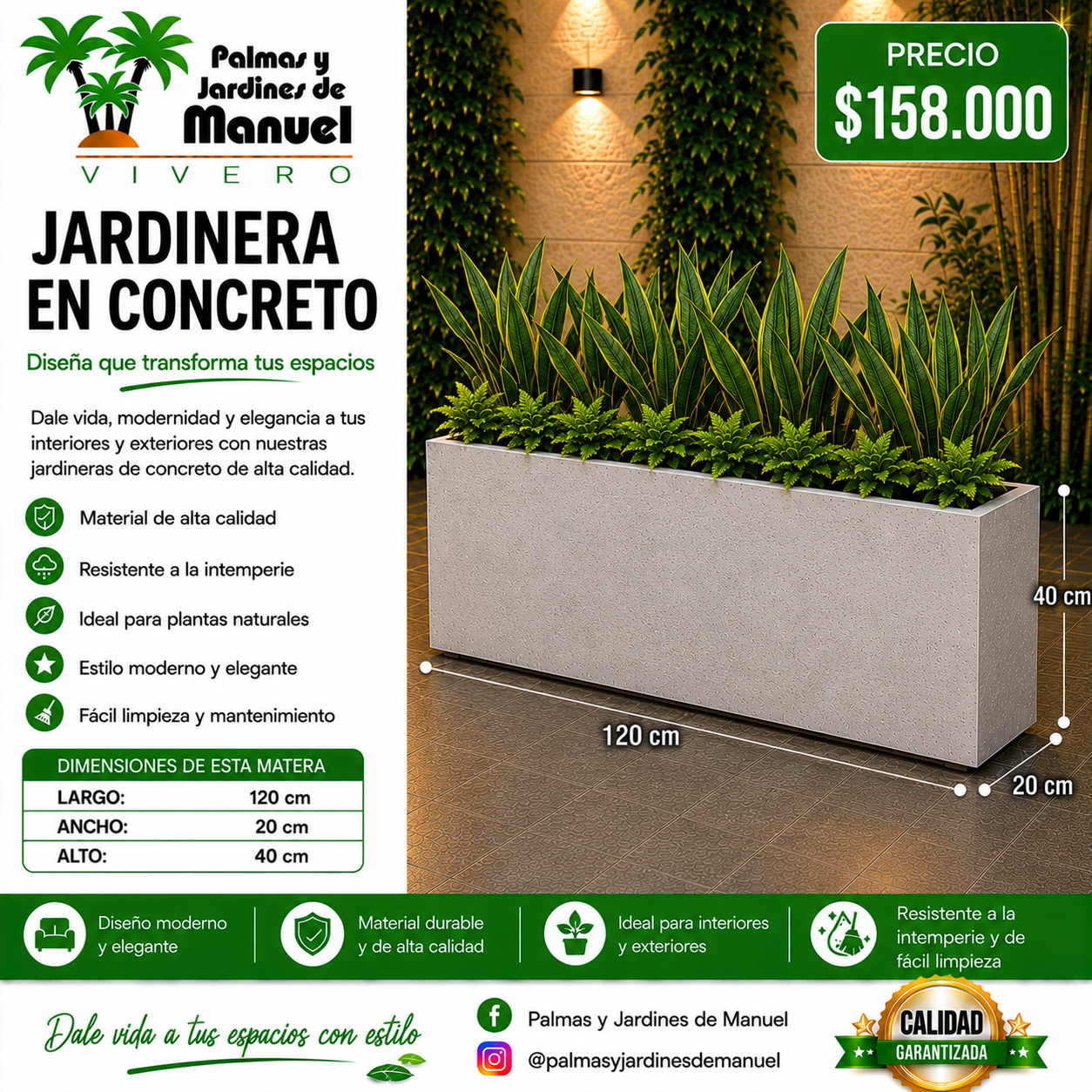 Jardinera en Concreto 120x20x40 cm