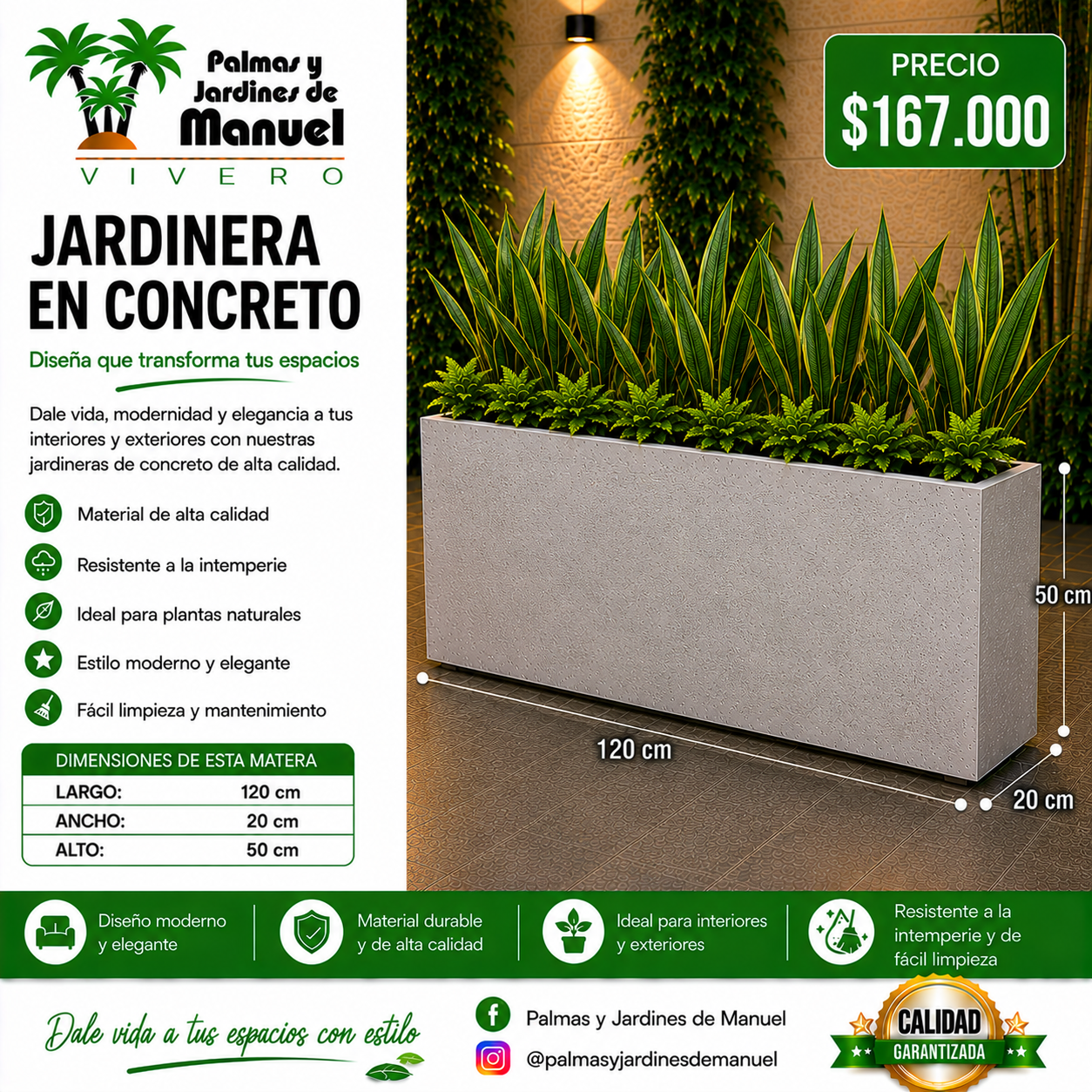 Jardinera en Concreto 120x20x50 cm
