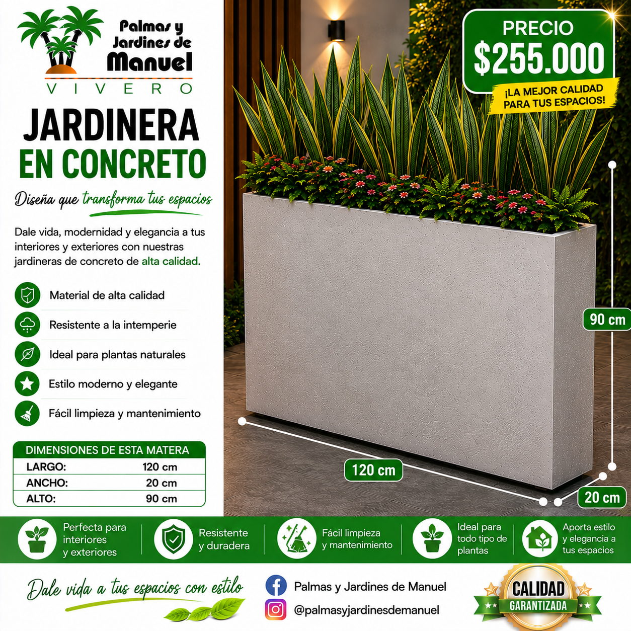 Jardinera en Concreto 120x20x90 cm
