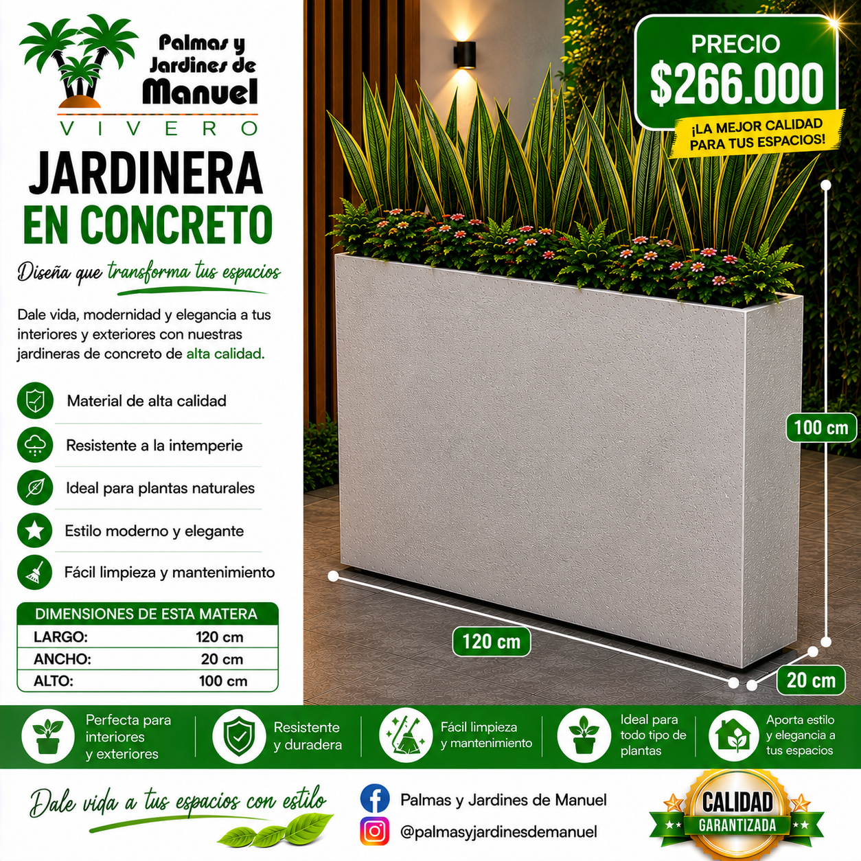 Jardinera en Concreto 120x20x100 cm