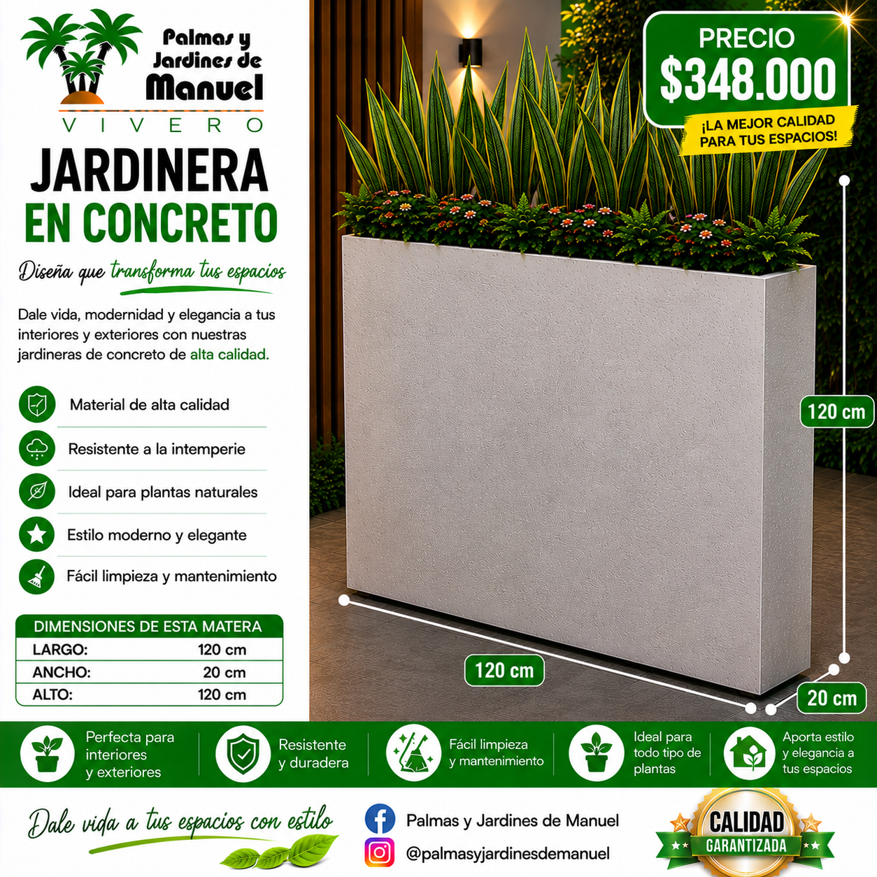 Jardinera en Concreto 120x20x120 cm
