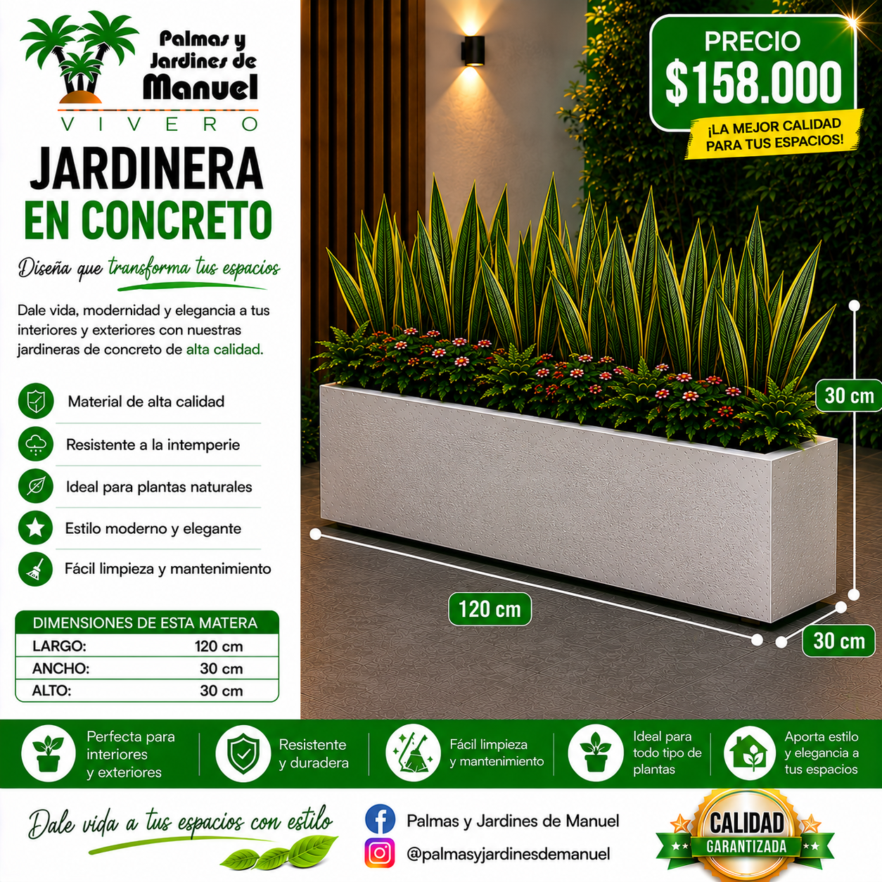 Jardinera en Concreto 120x30x30 cm