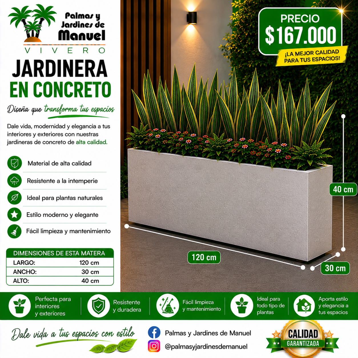 Jardinera en Concreto 120x30x40 cm