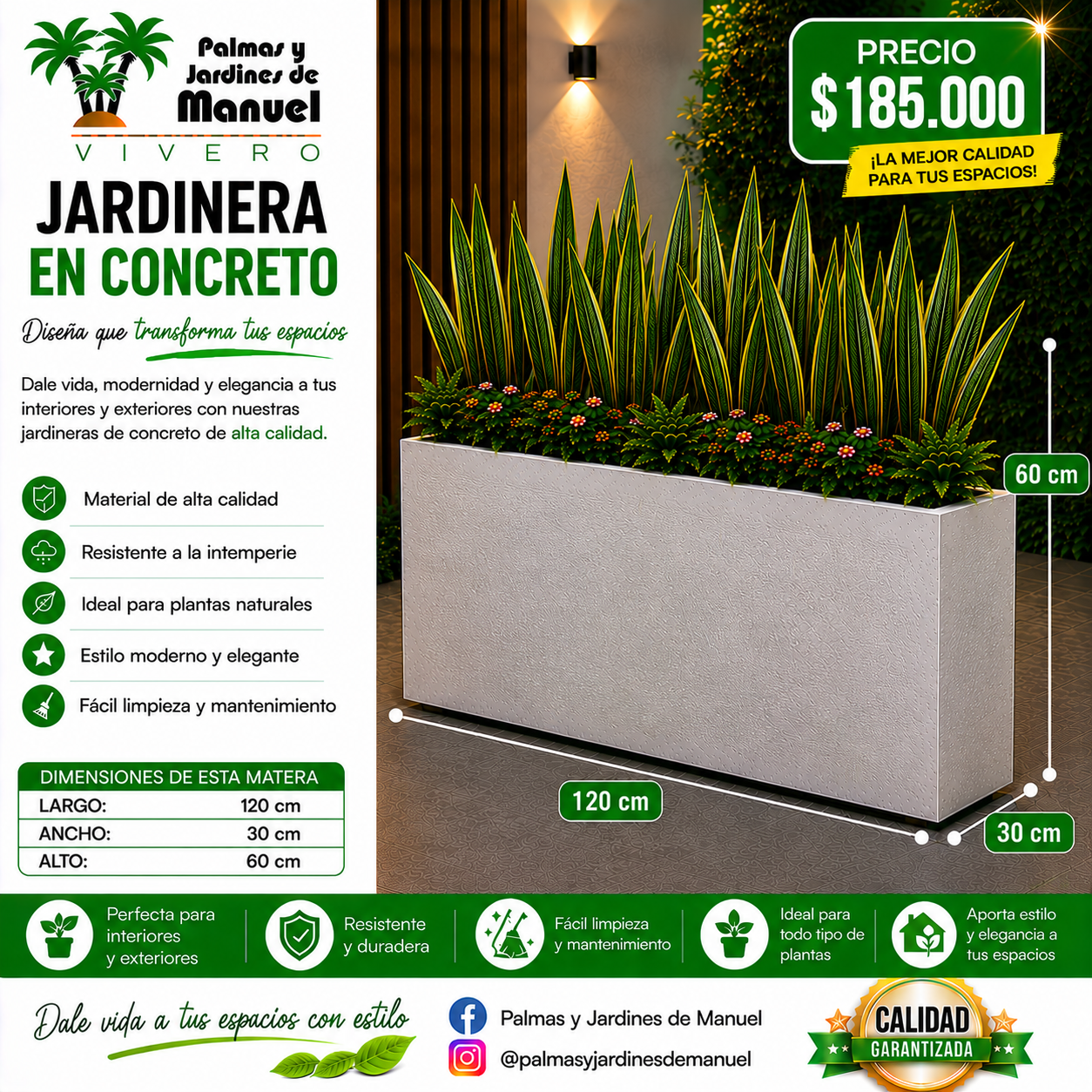 Jardinera en Concreto 120x30x60 cm
