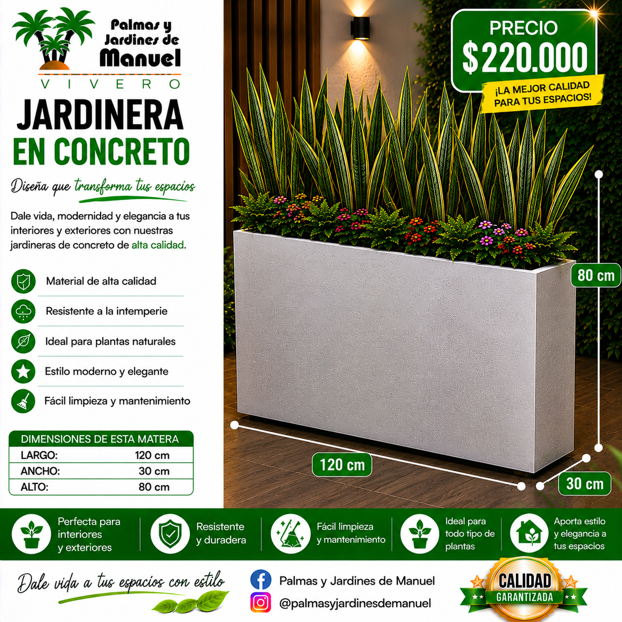 Jardinera en Concreto 120x30x80 cm