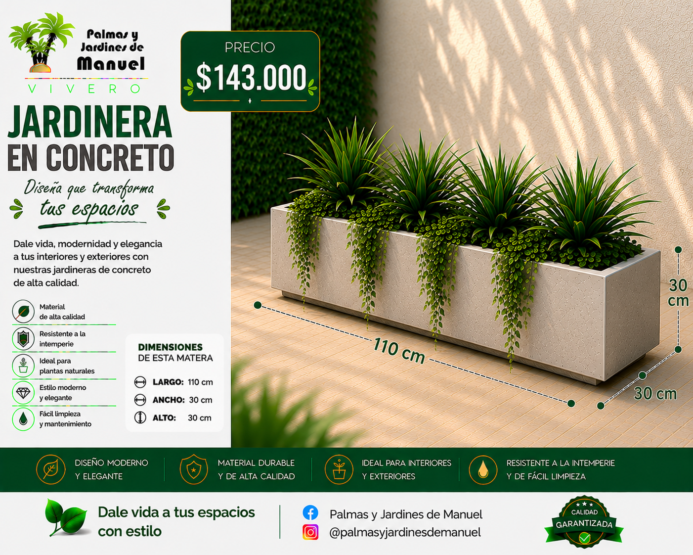 Jardinera en Concreto 110x30x30 cm