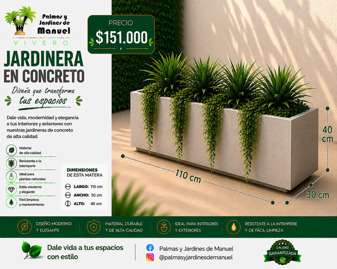 Jardinera en Concreto 110x30x40 cm