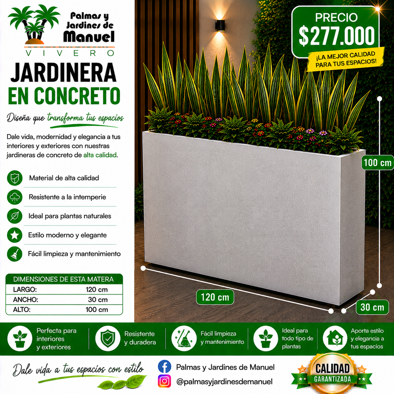 Jardinera en Concreto 120x30x100 cm