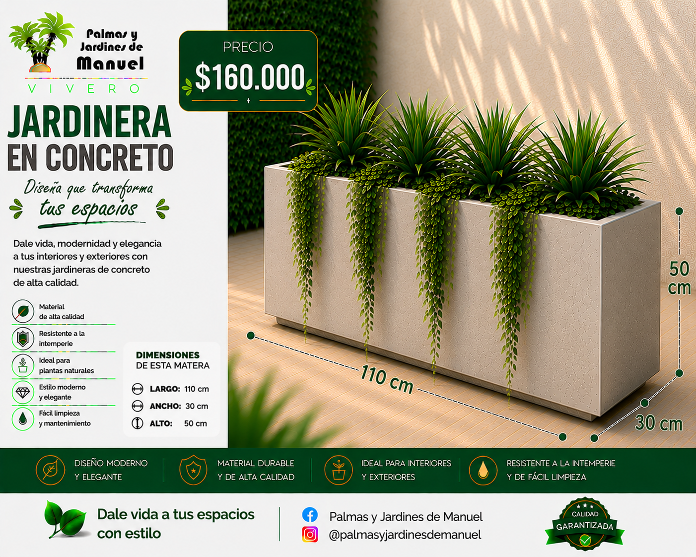 Jardinera en Concreto 110x30x50 cm