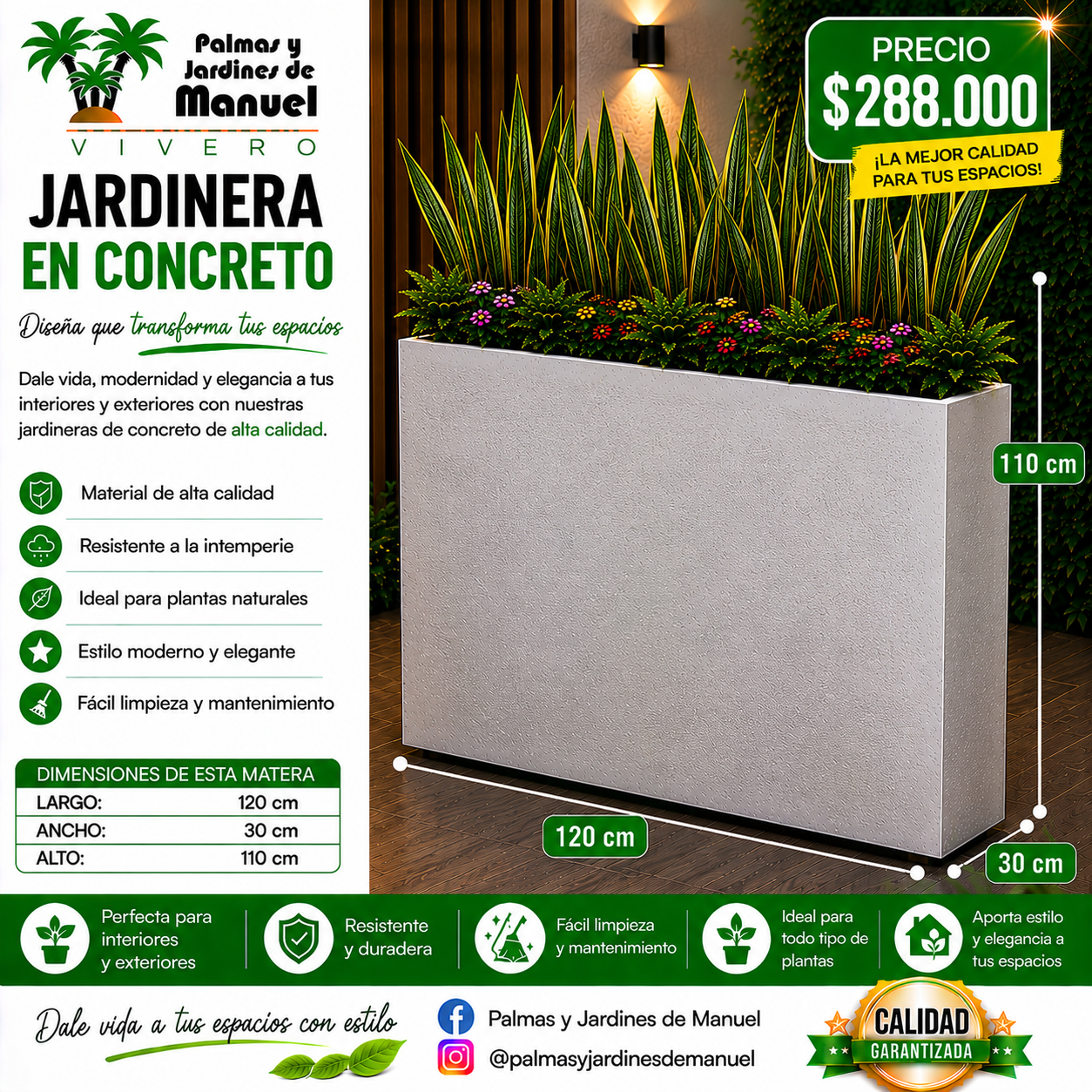 Jardinera en Concreto 120x30x110 cm