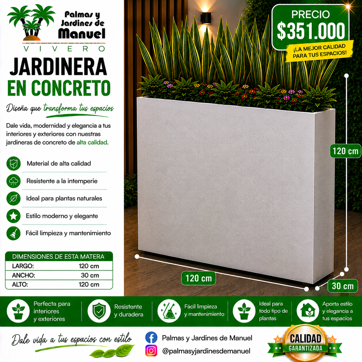 Jardinera en Concreto 120x30x120 cm