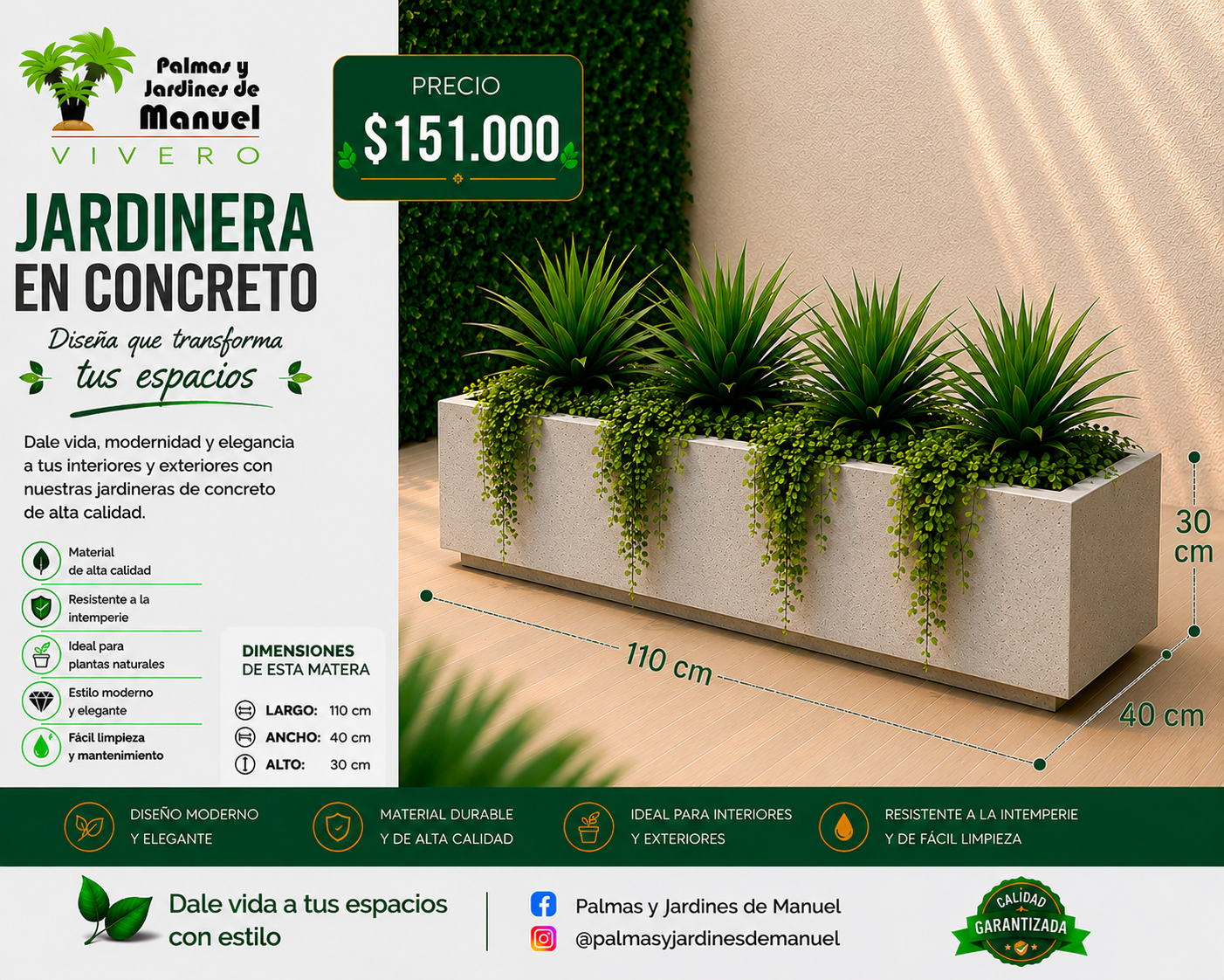 Jardinera en Concreto 110x40x30 cm