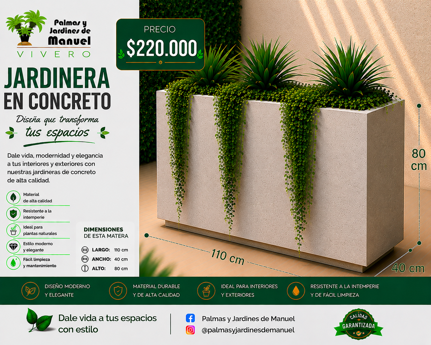 Jardinera en Concreto 110x40x80 cm