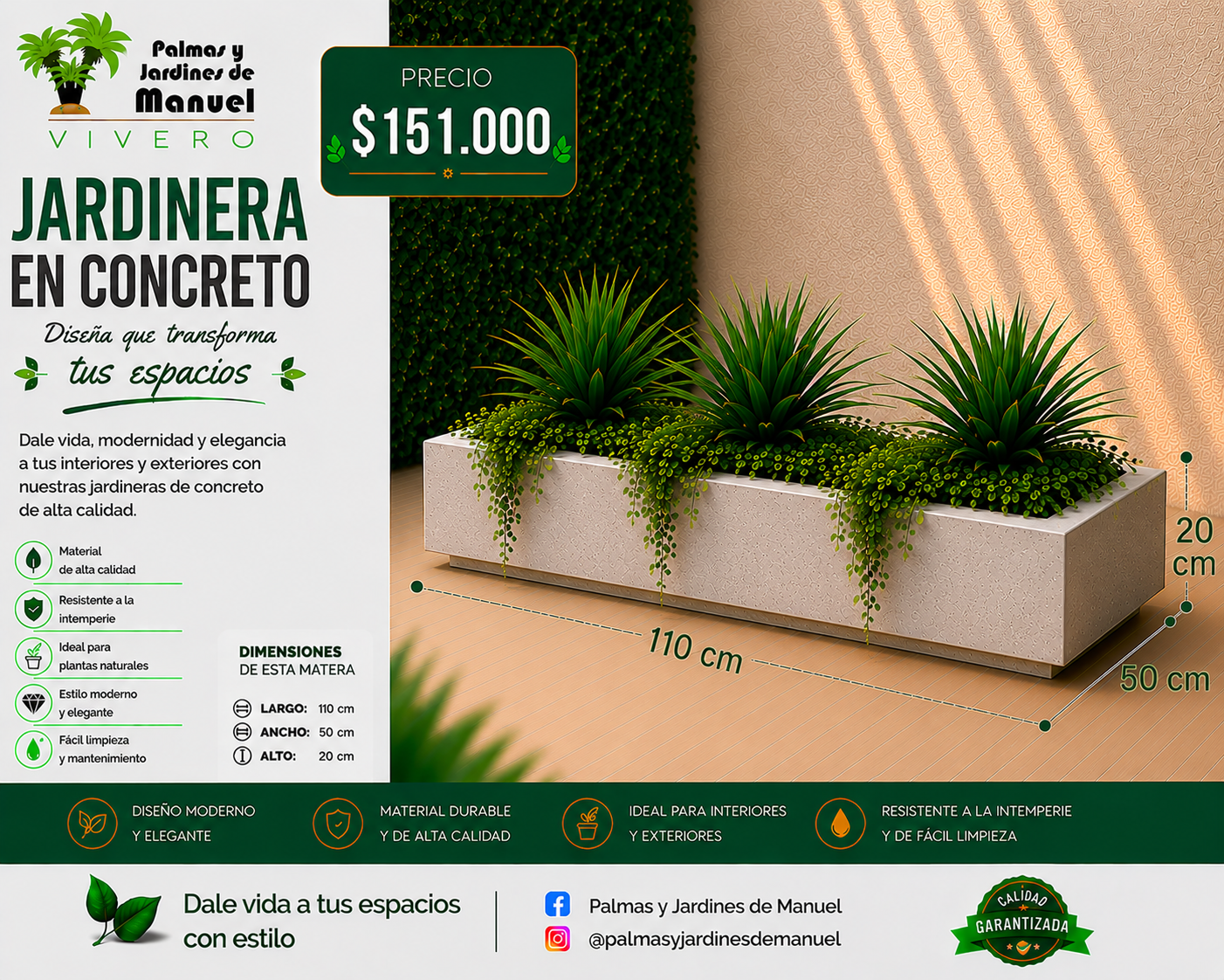 Jardinera en Concreto 110x50x20 cm