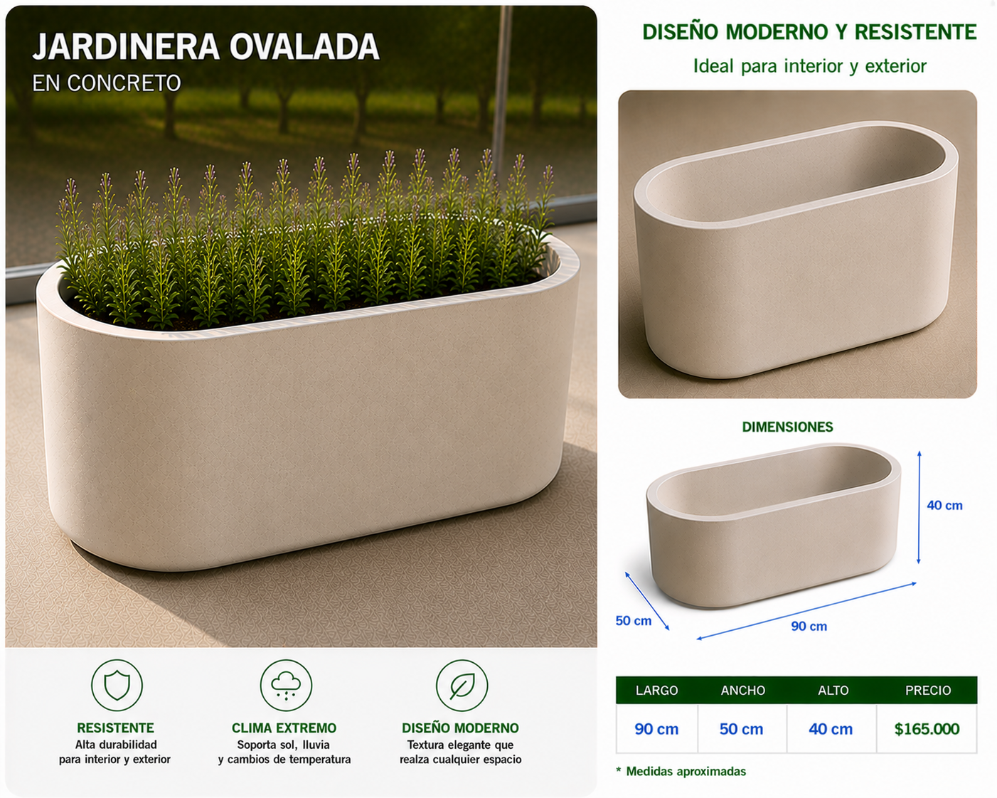 Jardinera Ovalada en Concreto 90x50x40 cm
