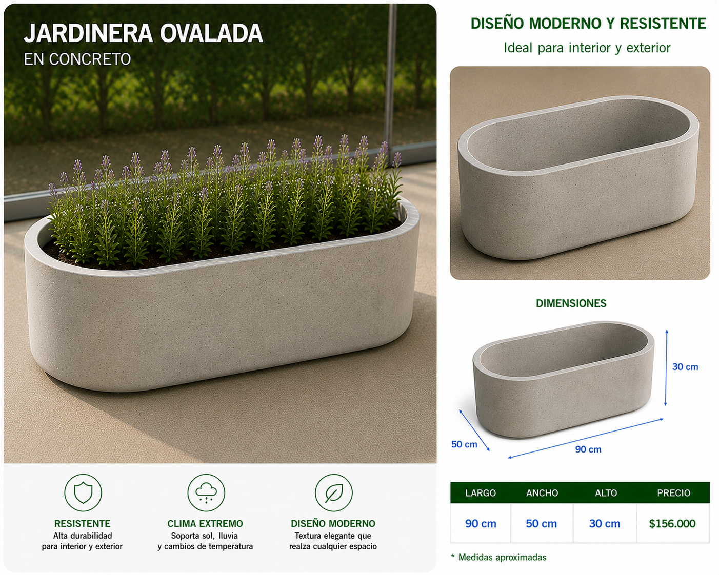 Jardinera Ovalada en Concreto 90x50x30 cm