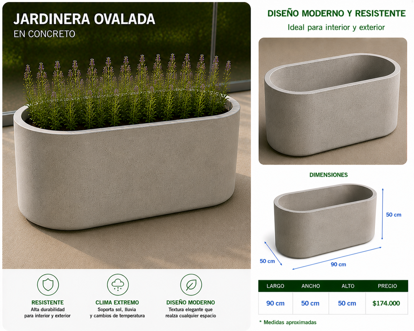 Jardinera Ovalada en Concreto 90x50x50 cm
