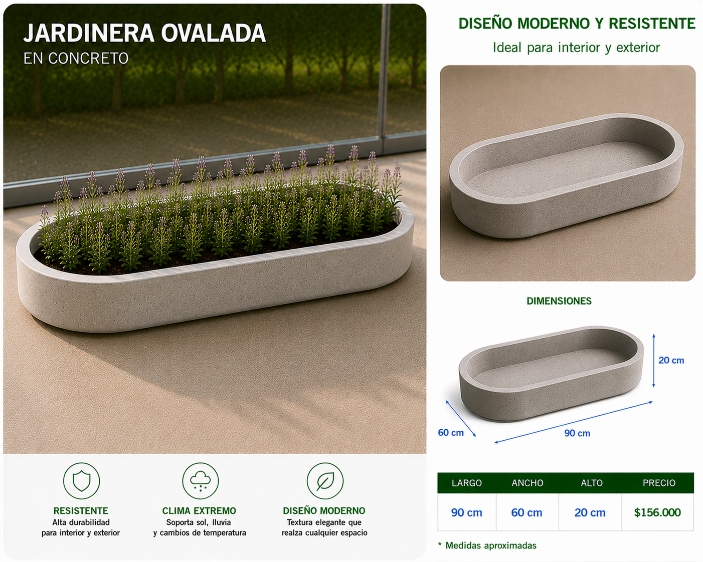 Jardinera Ovalada en Concreto 90x60x20 cm
