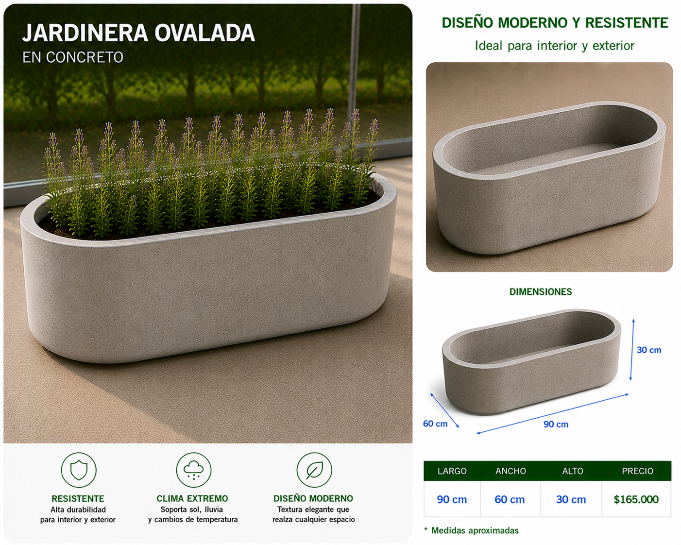 Jardinera Ovalada en Concreto 90x60x30 cm