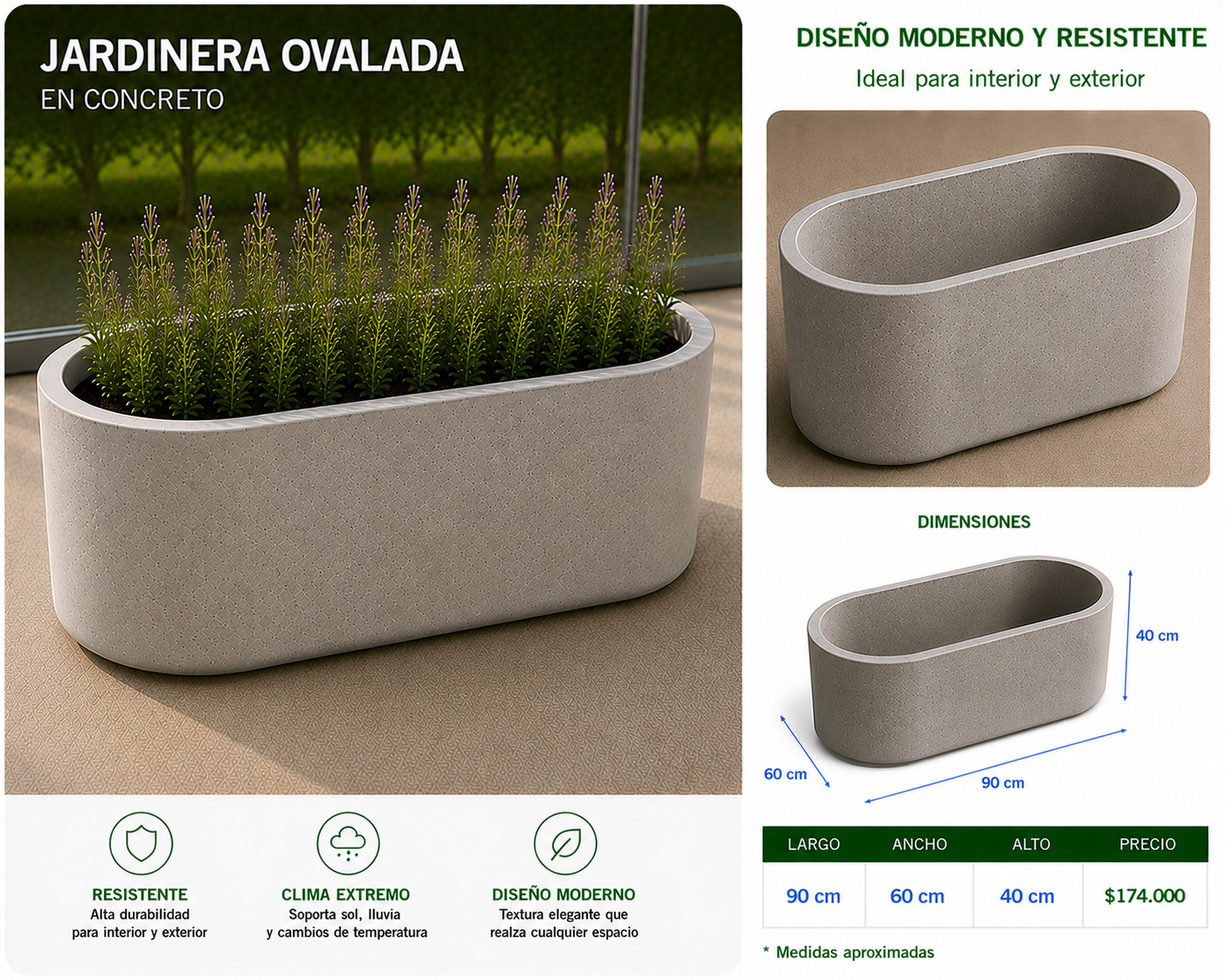 Jardinera Ovalada en Concreto 90x60x40 cm