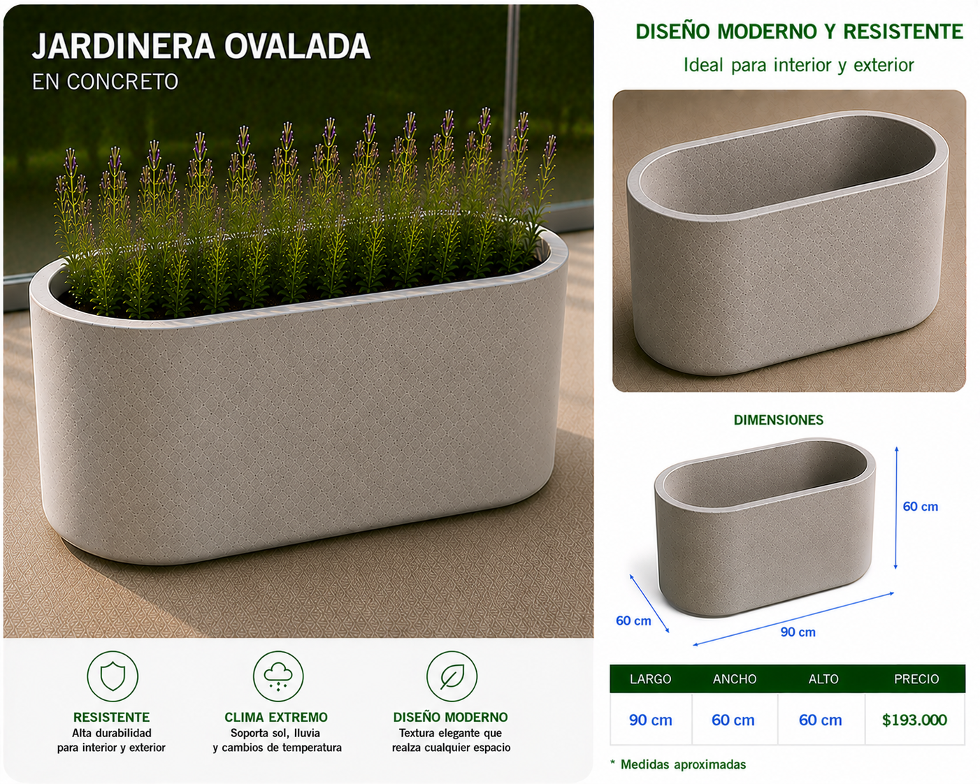 Jardinera Ovalada en Concreto 90x60x60 cm