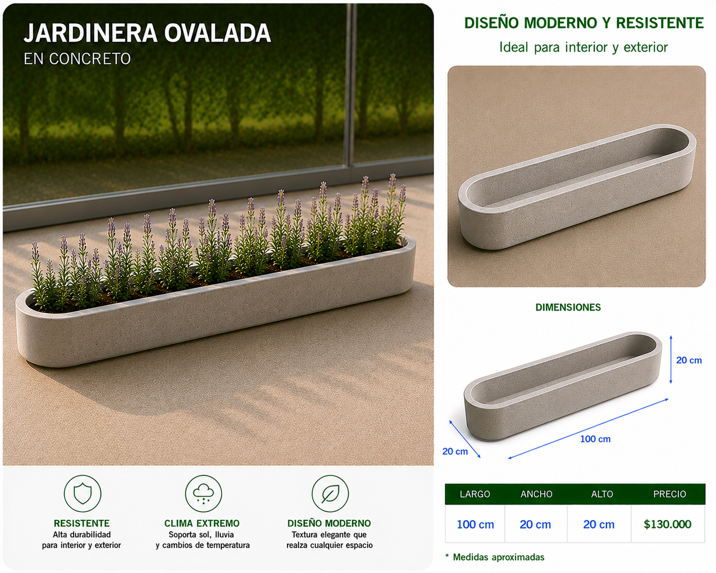 Jardinera Ovalada en Concreto 100x20x20 cm