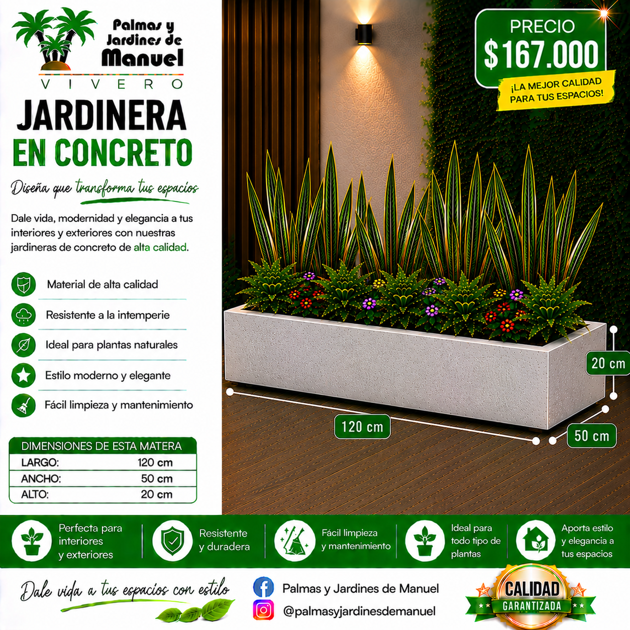 Jardinera en Concreto 120x50x20 cm